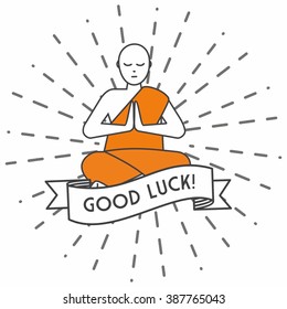 Vintage Meditation monk with vintage hand drawn sunbursts theme apparel print, textured t-shirt design, human silhouette and sun rays, vector illustration 
