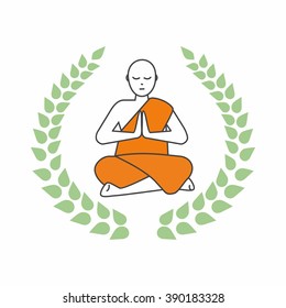 Vintage Meditation monk with Laurel Wreath Flora theme apparel print, textured t-shirt design, human silhouette and sun rays, vector illustration 
