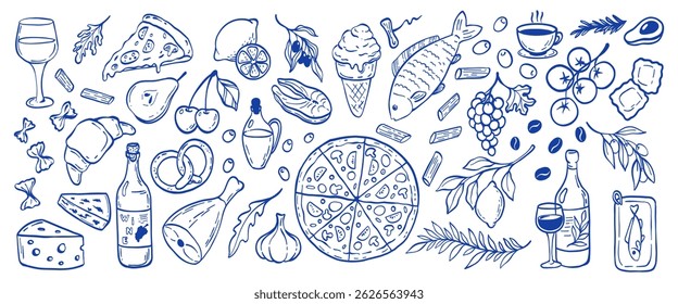 Vintage Mediterranean blue summer and food set. Hand drawn doodle drawing. Dolce vita style table setting drawings for kitchen posters, wedding invitations, cafe or restaurant menus design,