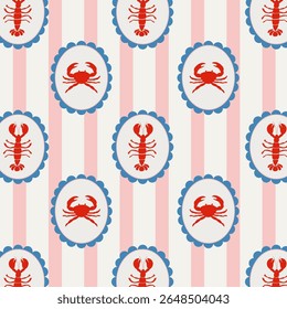Vintage Mediterranean seamless pattern with crabs and lobsters in circular frames on Stripes. Coastal summer marine print for fabric, wrapping paper, and beach decor.