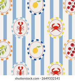 Vintage Mediterranean seamless pattern with crabs, lemon, tomatoes, olives and lobsters in circular frames on Stripes. Coastal summer marine print for fabric, wrapping paper, and beach decor.