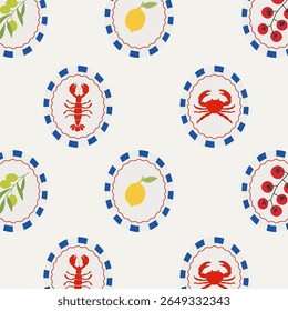 Padrão mediterrânico sem emenda vintage com caranguejos, limão, tomates, azeitonas e lagostas em quadros circulares. Impressão marinha costeira de verão para tecido, papel de embrulho e decoração de praia.