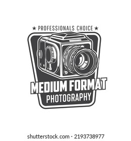Vintage Medium Format Camera Icon, Photography Studio And Photographer Equipment, Isolated Vector. Old Retro Photo Camera Of Analogue Medium Format Lens And Roll Film