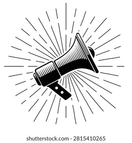 Vintage megaphone on sunburst background vector illustration