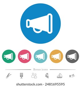 Vintage megaphone solid flat white icons on round color backgrounds. 6 bonus icons included.