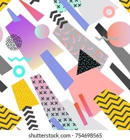 Vintage Memphis Geometric Seamless Pattern. Abstract Shapes Background. 80s 90s Style Composition for Textile, Fabric, Fashion Cover Design. Vector illustration