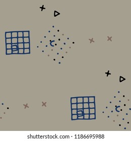 Vintage Memphis Pattern.   Background for Banner, Poster, Cover in Trendy Style. Colorful Geometric Pattern with Hand Drawn Scribble Elements. Colorful Triangles, Rings, Zigzags and Dots.
