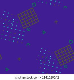 Vintage Memphis Pattern. Seamless Background for Wallpaper, Fabric, Swimwear in Trendy Style. Bright Geometric Pattern with Hand Drawn Scribble Elements. Colorful Triangles, Rings, Zigzags and Dots.