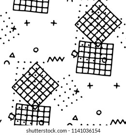 Vintage Memphis Pattern. Seamless Background for Wallpaper, Print, Textile in Trendy Style. Colorful Geometric Pattern with Hand Drawn Scribble Elements. Black and White Triangles, Zigzags and Dots.