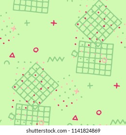 Vintage Memphis Pattern. Seamless Background for Card, Print, Textile in Trendy Style. Colorful Geometric Pattern with Hand Drawn Scribble Elements. Colorful Triangles, Rings, Zigzags and Dots.