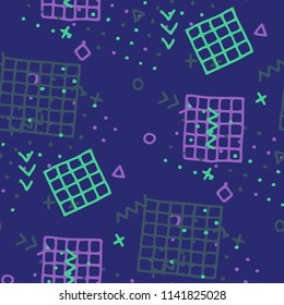 Vintage Memphis Pattern. Seamless Background for Card, Banner, Cover in Trendy Style. Colorful Geometric Pattern with Hand Drawn Scribble Elements. Colorful Triangles, Rings, Zigzags and Dots.