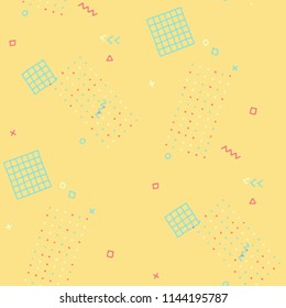 Vintage Memphis Pattern. Seamless Background for Wallpaper, Print, Textile in Trendy Style. Colorful Geometric Pattern with Hand Drawn Scribble Elements. Colorful Triangles, Rings, Zigzags and Dots.