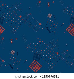 Vintage Memphis Pattern. Seamless Background for Wallpaper, Fabric, Cloth in Trendy Style. Colorful Geometric Pattern with Hand Drawn Scribble Elements. Colorful Triangles, Rings, Zigzags and Dots.