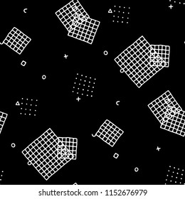 Vintage Memphis Pattern. Seamless Background for Wallpaper, Print, Textile in Trendy Style. Bright Geometric Pattern with Hand Drawn Scribble Elements. Black and White Triangles, Zigzags and Dots.