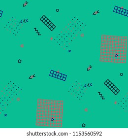 Vintage Memphis Pattern. Seamless Background for Wallpaper, Calico, Fabric in Trendy Style. Colorful Geometric Pattern with Hand Drawn Scribble Elements. Colorful Triangles, Rings, Zigzags and Dots.