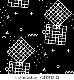 Vintage Memphis Pattern. Seamless Background for Card, Print, Textile in Trendy Style. Colorful Geometric Pattern with Hand Drawn Scribble Elements. Black and White Triangles, Zigzags and Dots.