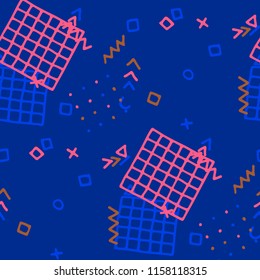 Vintage Memphis Pattern. Seamless Background for Wallpaper, Print, Textile in Trendy Style. Colorful Geometric Pattern with Hand Drawn Scribble Elements. Colorful Triangles, Rings, Zigzags and Dots.