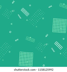 Vintage Memphis Pattern. Seamless Background for Wallpaper, Cotton, Swimwear in Trendy Style. Bright Geometric Pattern with Hand Drawn Scribble Elements. Colorful Triangles, Rings, Zigzags and Dots.