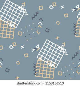 Vintage Memphis Pattern. Seamless Background for Card, Banner, Cover in Trendy Style. Bright Geometric Pattern with Hand Drawn Scribble Elements. Colorful Triangles, Rings, Zigzags and Dots.