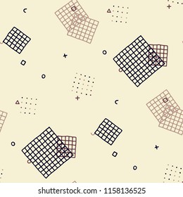 Vintage Memphis Pattern. Seamless Background for Card, Poster, Cover in Trendy Style. Bright Geometric Pattern with Hand Drawn Scribble Elements. Colorful Triangles, Rings, Zigzags and Dots.