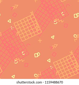 Vintage Memphis Pattern. Seamless Background for Banner, Poster, Cover in Trendy Style. Bright Geometric Pattern with Hand Drawn Scribble Elements. Colorful Triangles, Rings, Zigzags and Dots.