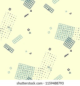Vintage Memphis Pattern. Seamless Background for Banner, Poster, Cloth in Trendy Style. Bright Geometric Pattern with Hand Drawn Scribble Elements. Colorful Triangles, Rings, Zigzags and Dots.