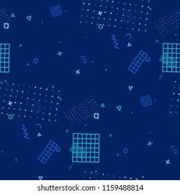 Vintage Memphis Pattern. Seamless Background for Chintz, Cotton, Swimwear in Trendy Style. Bright Geometric Pattern with Hand Drawn Scribble Elements. Colorful Triangles, Rings, Zigzags and Dots.