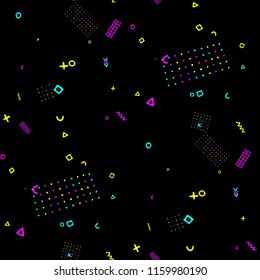 Vintage Memphis Pattern. Seamless Background for Wallpaper, Calico, Fabric in Trendy Style. Bright Geometric Pattern with Hand Drawn Scribble Elements. Colorful Triangles, Rings, Zigzags and Dots.