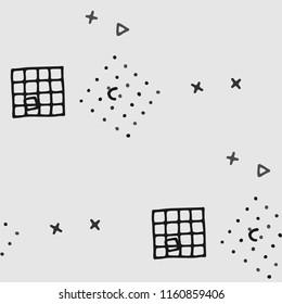 Vintage Memphis Pattern. Seamless Background for Wallpaper, Fabric, Swimwear in Trendy Style. Colorful Geometric Pattern with Hand Drawn Scribble Elements. Colorful Triangles, Rings, Zigzags and Dots.