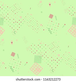 Vintage Memphis Pattern. Seamless Background for Banner, Poster, Cover in Trendy Style. Colorful Geometric Pattern with Hand Drawn Scribble Elements. Colorful Triangles, Rings, Zigzags and Dots.