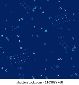 Vintage Memphis Pattern. Seamless Background for Wallpaper, Fabric, Swimwear in Trendy Style. Colorful Geometric Pattern with Hand Drawn Scribble Elements. Colorful Triangles, Rings, Zigzags and Dots.