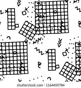 Vintage Memphis Pattern. Seamless Background for Card, Print, Textile in Trendy Style. Colorful Geometric Pattern with Hand Drawn Scribble Elements. Black and White Triangles, Zigzags and Dots.