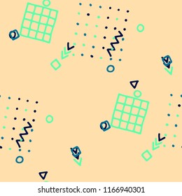 Vintage Memphis Pattern. Seamless Background for Chintz, Cotton, Fabric in Trendy Style. Bright Geometric Pattern with Hand Drawn Scribble Elements. Colorful Triangles, Rings, Zigzags and Dots.