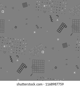 Vintage Memphis Pattern. Seamless Background for Card, Banner, Cover in Trendy Style. Colorful Geometric Pattern with Hand Drawn Scribble Elements. Colorful Triangles, Rings, Zigzags and Dots.