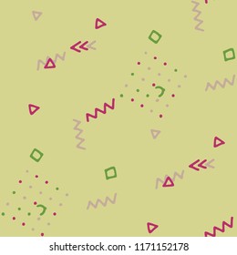 Vintage Memphis Pattern. Seamless Background for Wallpaper, Fabric, Swimwear in Trendy Style. Colorful Geometric Pattern with Hand Drawn Scribble Elements. Colorful Triangles, Rings, Zigzags and Dots.