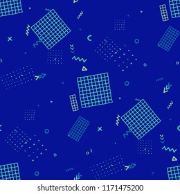 Vintage Memphis Pattern. Seamless Background for Chintz, Cotton, Fabric in Trendy Style. Bright Geometric Pattern with Hand Drawn Scribble Elements. Colorful Triangles, Rings, Zigzags and Dots.