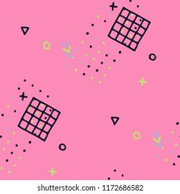 Vintage Memphis Pattern. Seamless Background for Chintz, Cotton, Fabric in Trendy Style. Colorful Geometric Pattern with Hand Drawn Scribble Elements. Colorful Triangles, Rings, Zigzags and Dots.