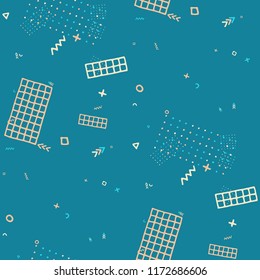 Vintage Memphis Pattern. Seamless Background for Chintz, Cotton, Swimwear in Trendy Style. Bright Geometric Pattern with Hand Drawn Scribble Elements. Colorful Triangles, Rings, Zigzags and Dots.