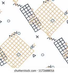 Vintage Memphis Pattern. Seamless Background for Wallpaper, Cotton, Swimwear in Trendy Style. Bright Geometric Pattern with Hand Drawn Scribble Elements. Colorful Triangles, Rings, Zigzags and Dots.