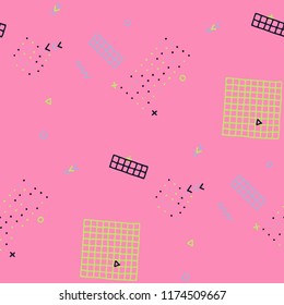 Vintage Memphis Pattern. Seamless Background for Chintz, Calico, Fabric in Trendy Style. Colorful Geometric Pattern with Hand Drawn Scribble Elements. Colorful Triangles, Rings, Zigzags and Dots.