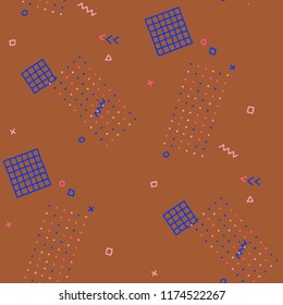Vintage Memphis Pattern. Seamless Background for Wallpaper, Calico, Textile in Trendy Style. Colorful Geometric Pattern with Hand Drawn Scribble Elements. Colorful Triangles, Rings, Zigzags and Dots.