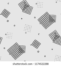 Vintage Memphis Pattern. Seamless Background for Card, Banner, Cover in Trendy Style. Bright Geometric Pattern with Hand Drawn Scribble Elements. Colorful Triangles, Rings, Zigzags and Dots.