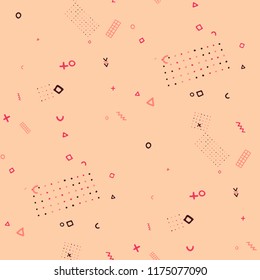 Vintage Memphis Pattern. Seamless Background for Banner, Poster, Cloth in Trendy Style. Bright Geometric Pattern with Hand Drawn Scribble Elements. Colorful Triangles, Rings, Zigzags and Dots.
