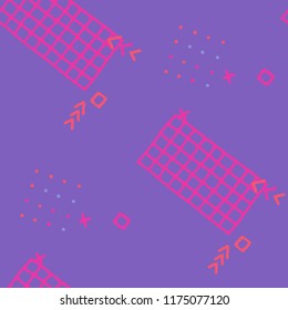 Vintage Memphis Pattern. Seamless Background for Card, Print, Textile in Trendy Style. Colorful Geometric Pattern with Hand Drawn Scribble Elements. Colorful Triangles, Rings, Zigzags and Dots.
