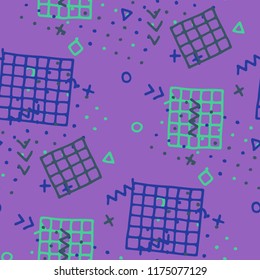 Vintage Memphis Pattern. Seamless Background for Banner, Poster, Cloth in Trendy Style. Colorful Geometric Pattern with Hand Drawn Scribble Elements. Colorful Triangles, Rings, Zigzags and Dots.