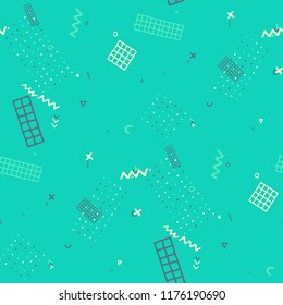 Vintage Memphis Pattern. Seamless Background for Wallpaper, Cotton, Swimwear in Trendy Style. Bright Geometric Pattern with Hand Drawn Scribble Elements. Colorful Triangles, Rings, Zigzags and Dots.