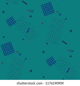 Vintage Memphis Pattern. Seamless Background for Wallpaper, Calico, Fabric in Trendy Style. Colorful Geometric Pattern with Hand Drawn Scribble Elements. Colorful Triangles, Rings, Zigzags and Dots.