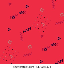 Vintage Memphis Pattern. Seamless Background for Wallpaper, Fabric, Swimwear in Trendy Style. Bright Geometric Pattern with Hand Drawn Scribble Elements. Colorful Triangles, Rings, Zigzags and Dots.