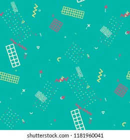 Vintage Memphis Pattern. Seamless Background for Wallpaper, Calico, Textile in Trendy Style. Colorful Geometric Pattern with Hand Drawn Scribble Elements. Colorful Triangles, Rings, Zigzags and Dots.