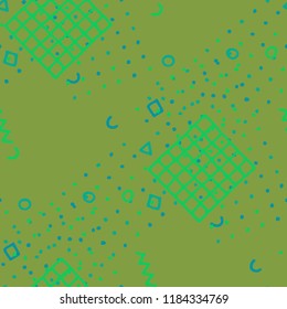 Vintage Memphis Pattern. Seamless Background for Banner, Poster, Cover in Trendy Style. Bright Geometric Pattern with Hand Drawn Scribble Elements. Colorful Triangles, Rings, Zigzags and Dots.